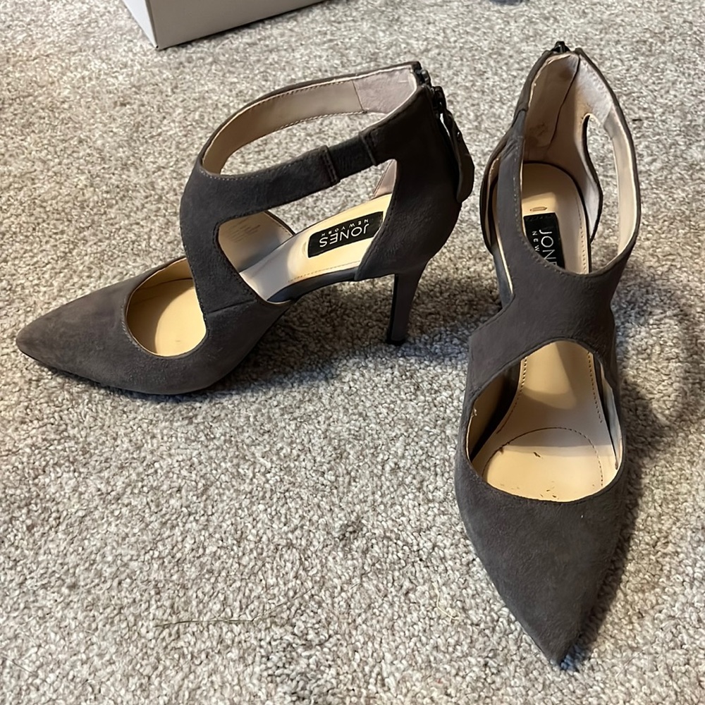Gray suede criss cross heels